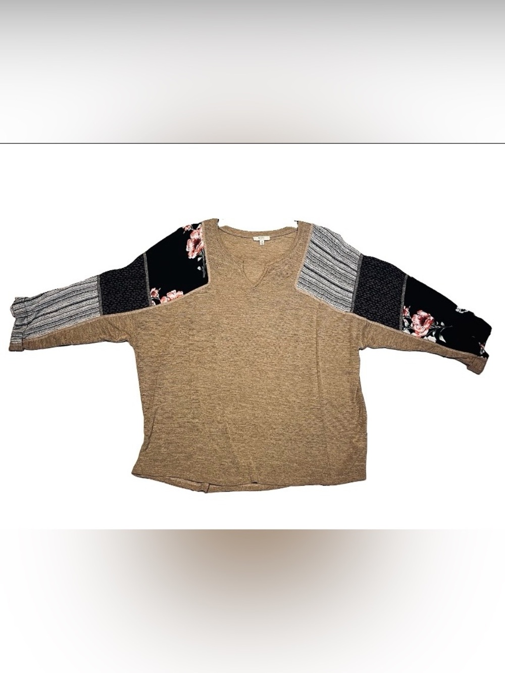 Kori America Tan Brown Top w/Black Floral Print & Striped Panels Oversized S